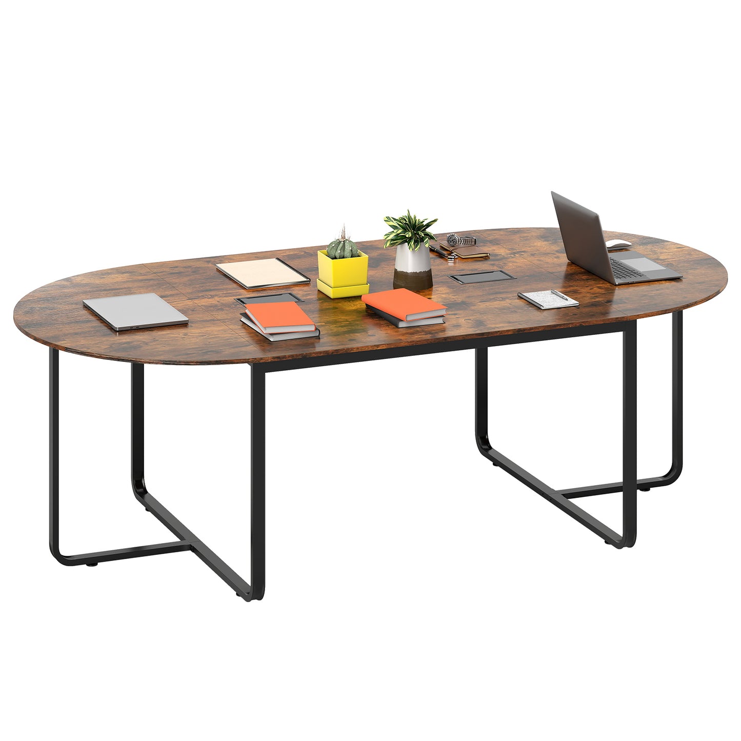 240.5cm Oval Conference Table with Dual Cable Holes and Metal Legs-Rustic Brown
