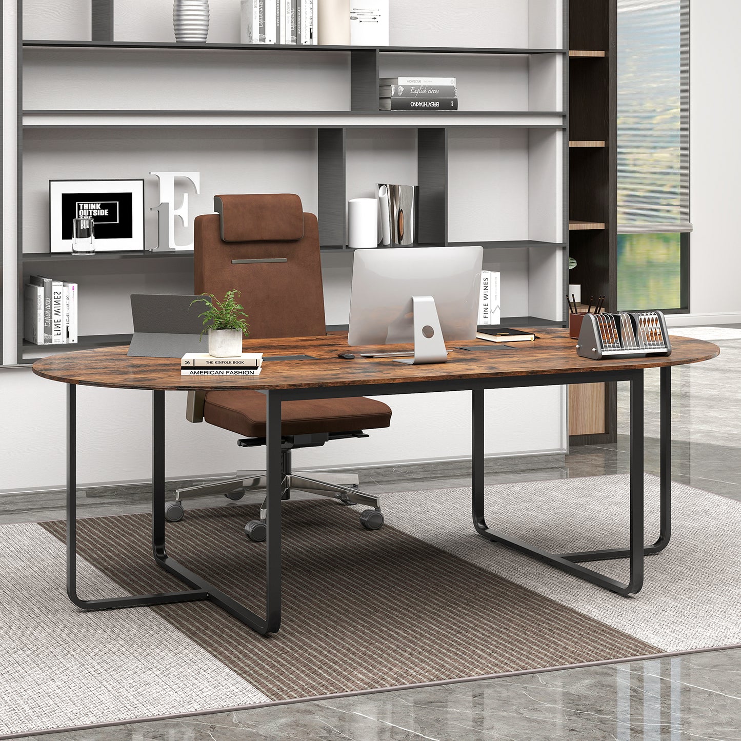240.5cm Oval Conference Table with Dual Cable Holes and Metal Legs-Rustic Brown