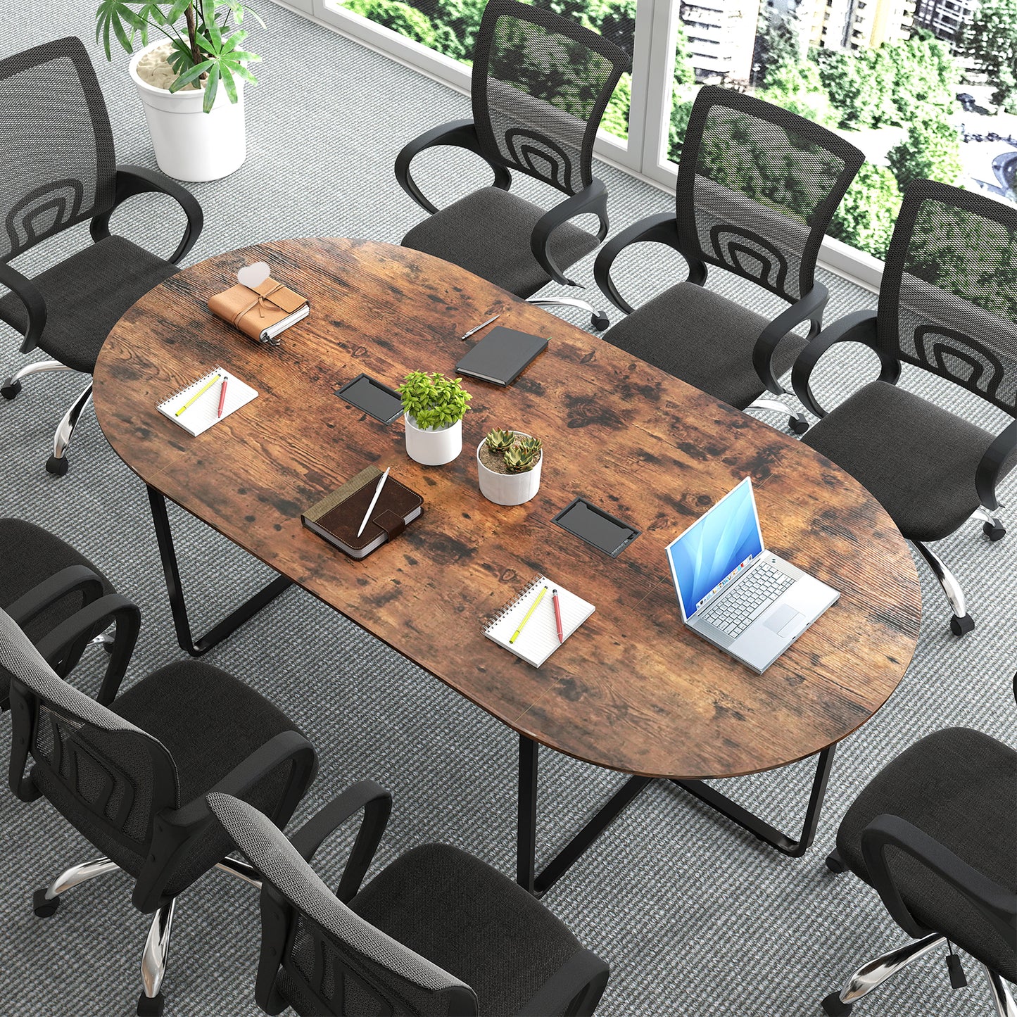 240.5cm Oval Conference Table with Dual Cable Holes and Metal Legs-Rustic Brown