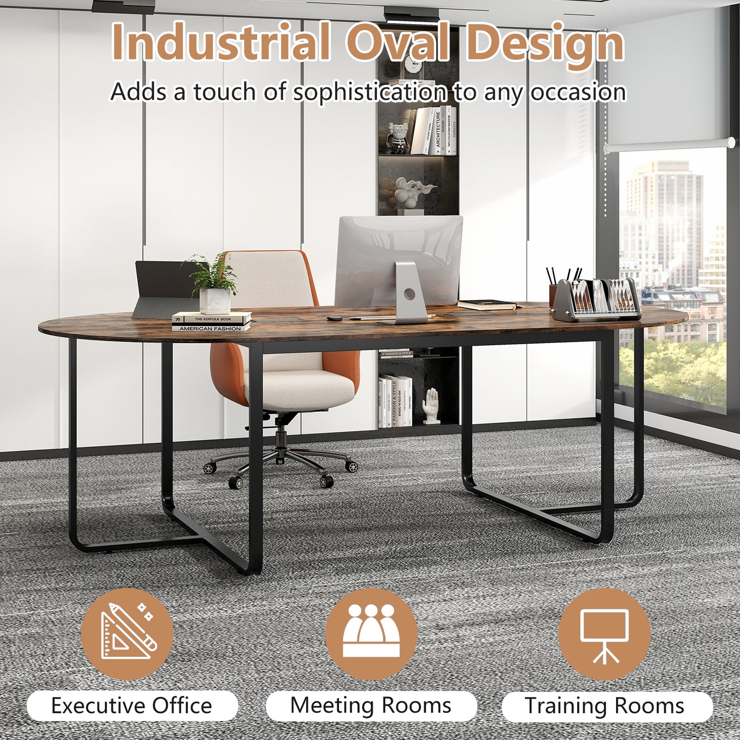 240.5cm Oval Conference Table with Dual Cable Holes and Metal Legs-Rustic Brown