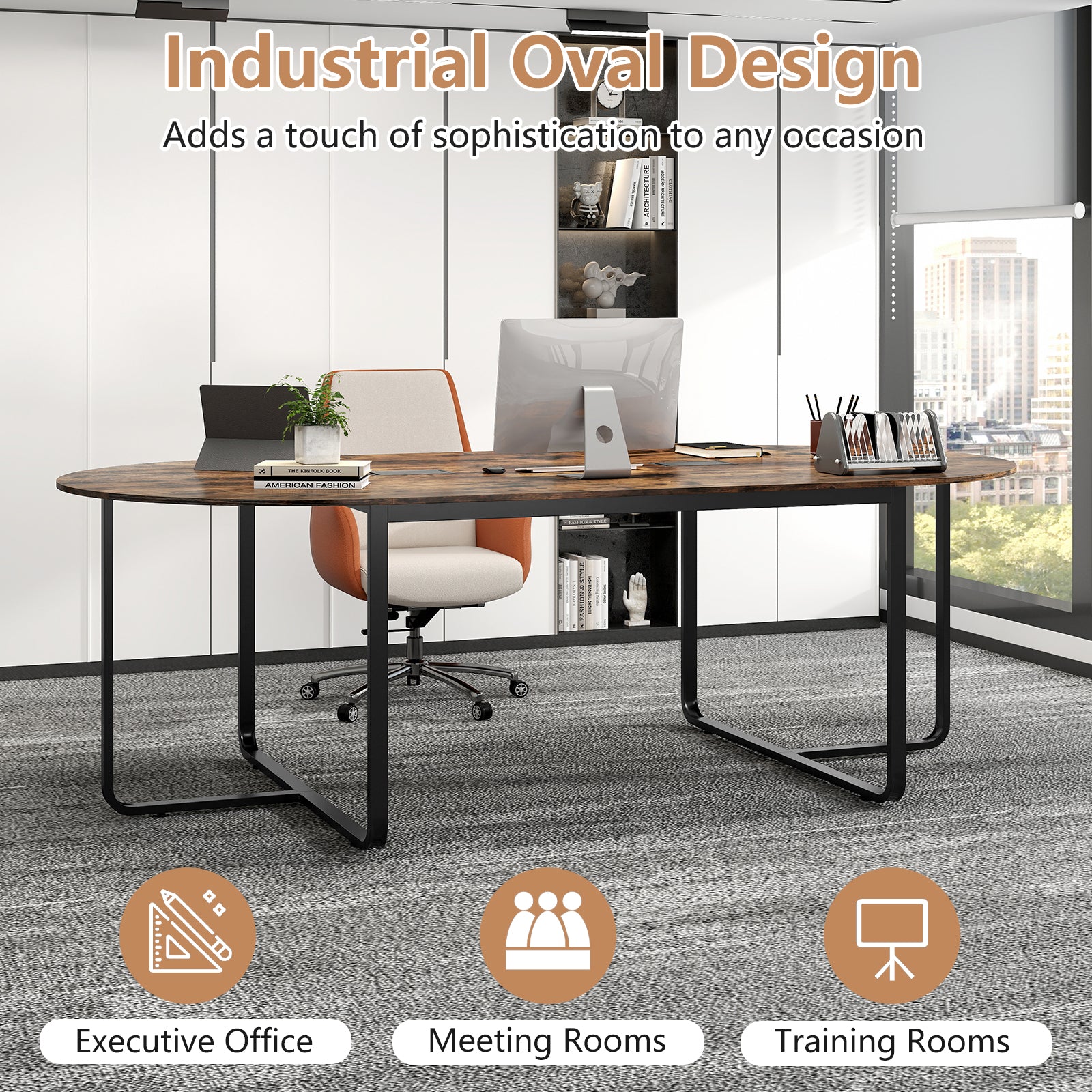 240.5cm Oval Conference Table with Dual Cable Holes and Metal Legs-Rustic Brown