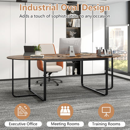 240.5cm Oval Conference Table with Dual Cable Holes and Metal Legs-Rustic Brown