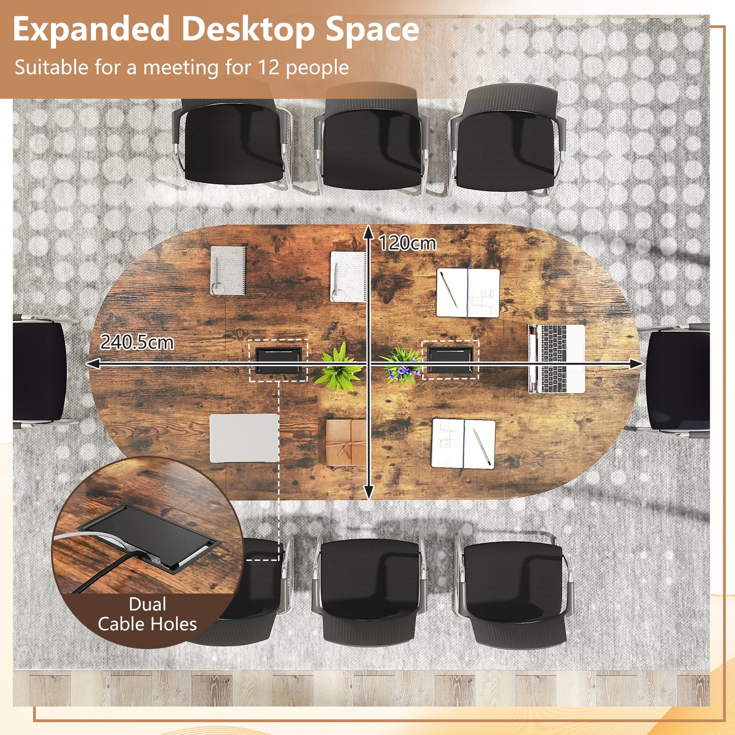 240.5cm Oval Conference Table with Dual Cable Holes and Metal Legs-Rustic Brown