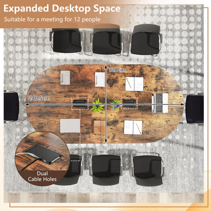 240.5cm Oval Conference Table with Dual Cable Holes and Metal Legs-Rustic Brown