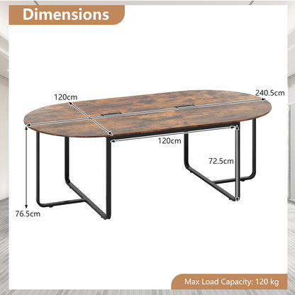 240.5cm Oval Conference Table with Dual Cable Holes and Metal Legs-Rustic Brown
