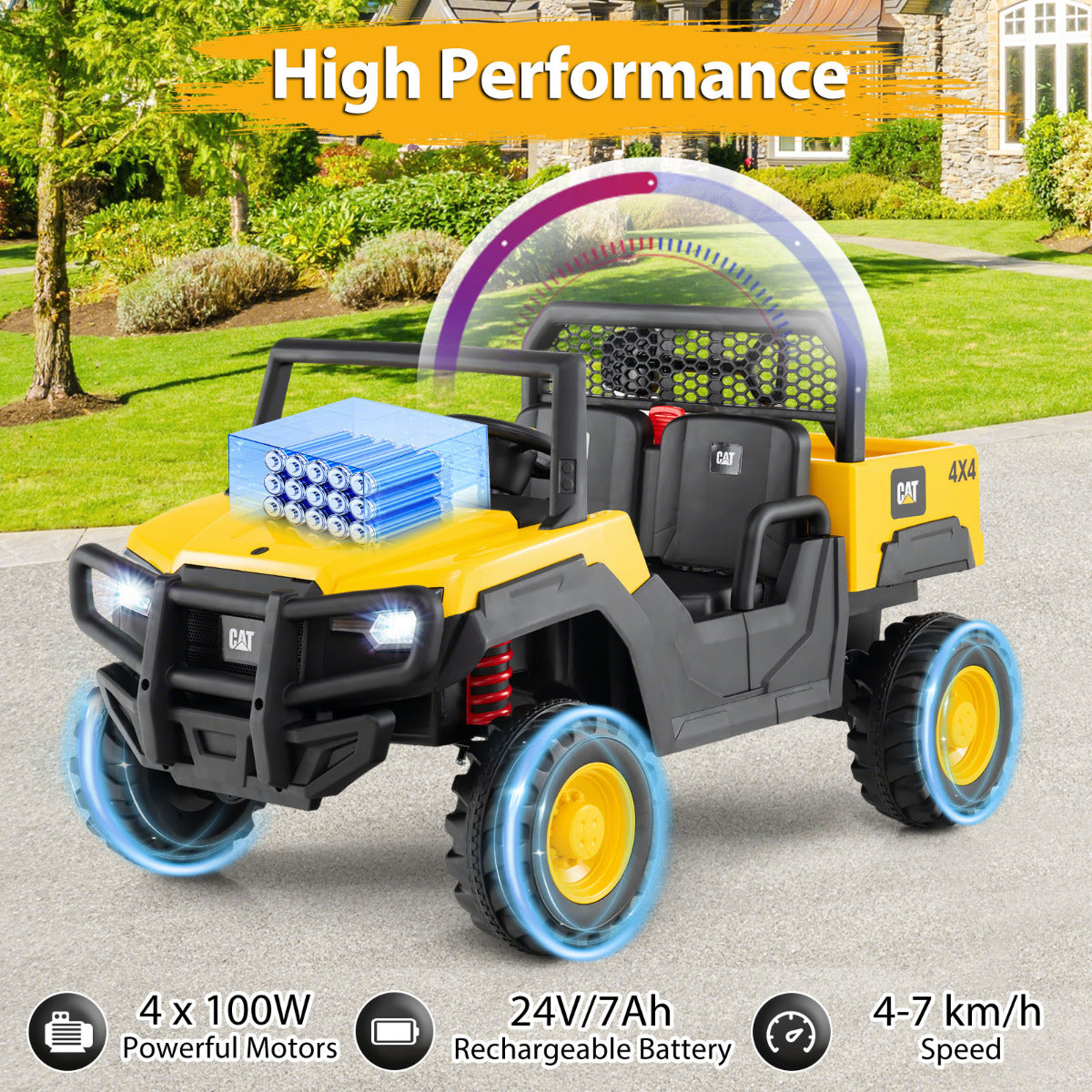 24V Ride On UTV 4WD Licensed Caterpillar with Dump Bed-Yellow