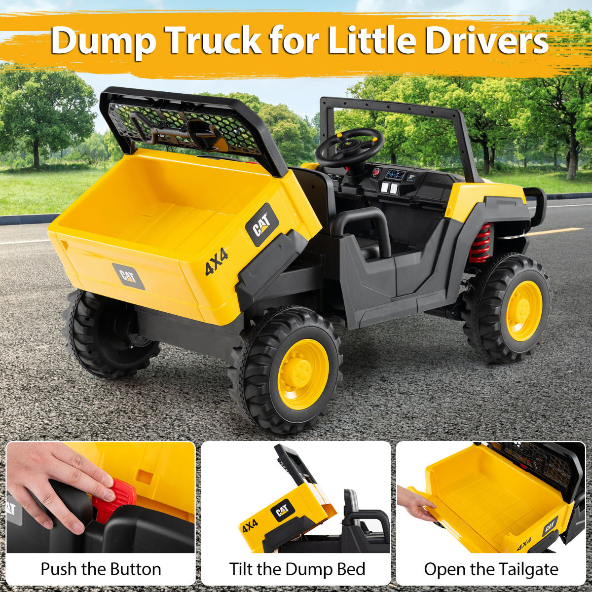 24V Ride On UTV 4WD Licensed Caterpillar with Dump Bed-Yellow