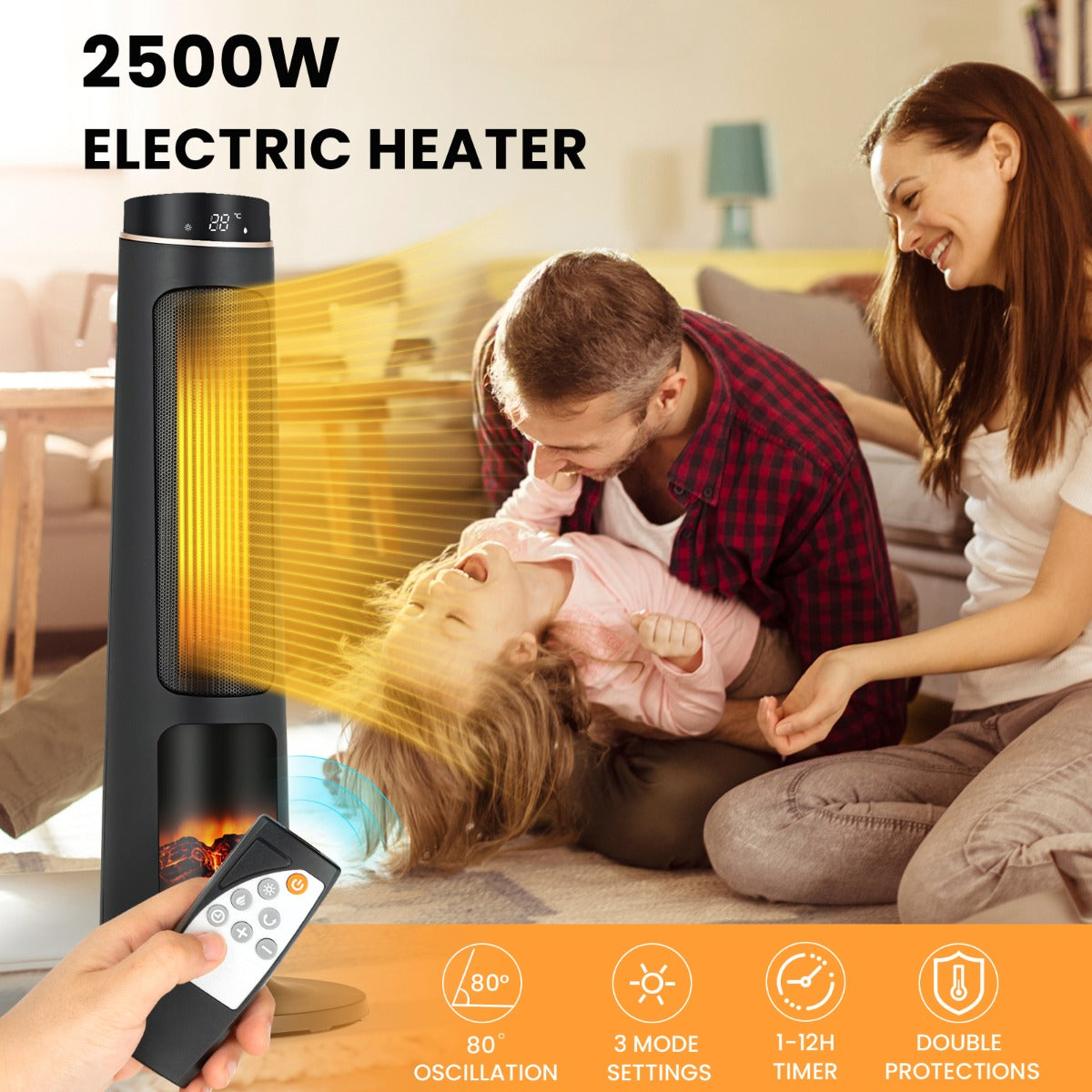 2500W PTC Electric Space Heater with 3D Realistic Flame & 3 Modes