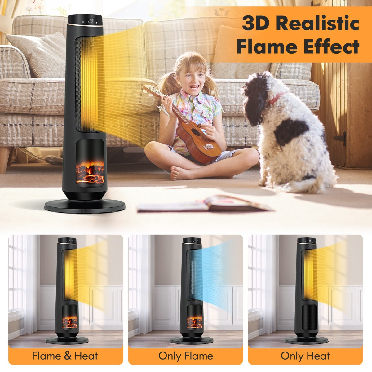 2500W PTC Electric Space Heater with 3D Realistic Flame & 3 Modes
