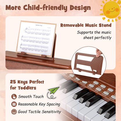 25 Keys Kids Piano Keyboard Mini Digital Piano with Teaching Mode-Brown