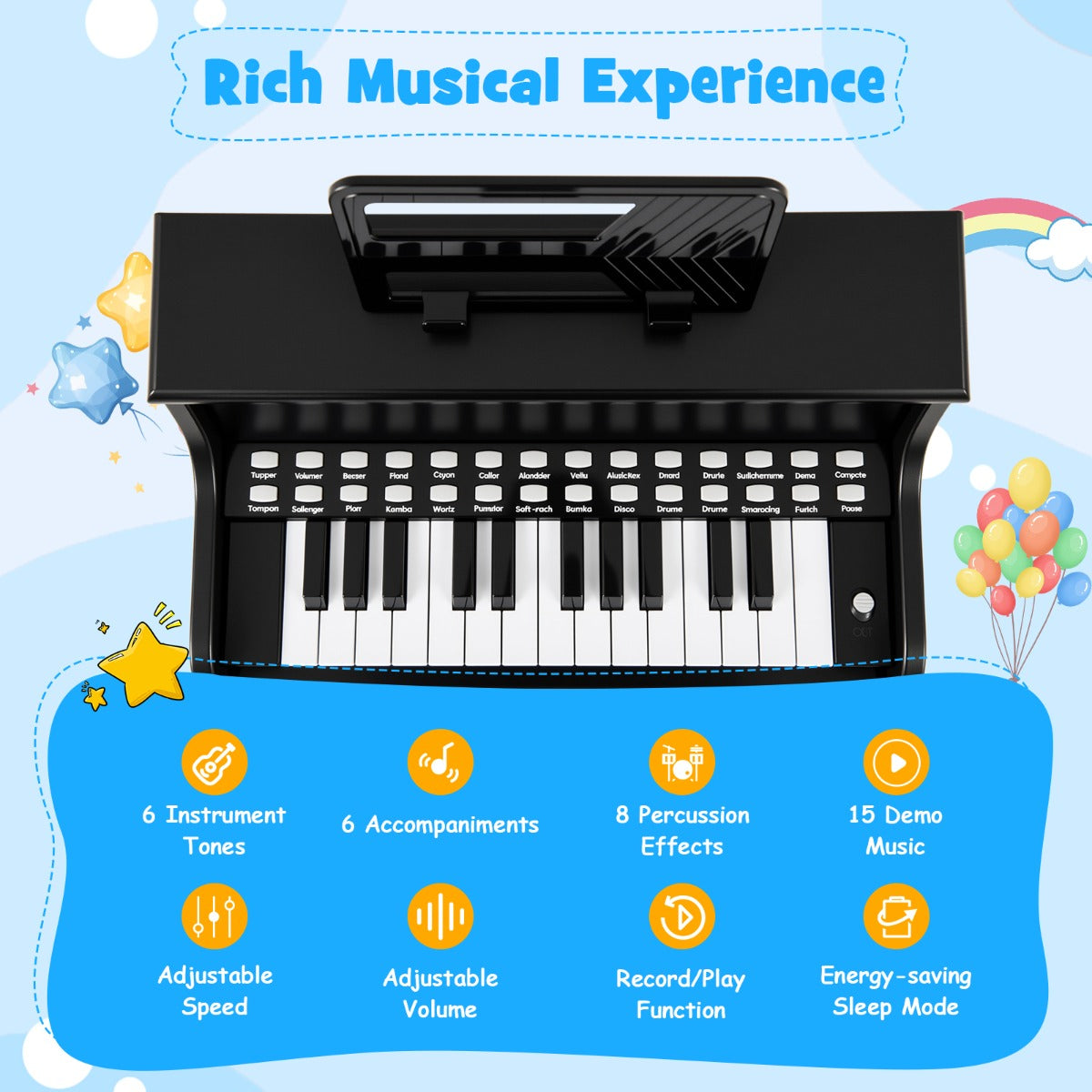 25 Keys Kids Piano Keyboard with Stool-Black