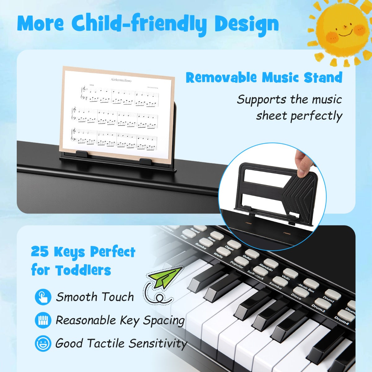 25 Keys Kids Piano Keyboard with Stool-Black