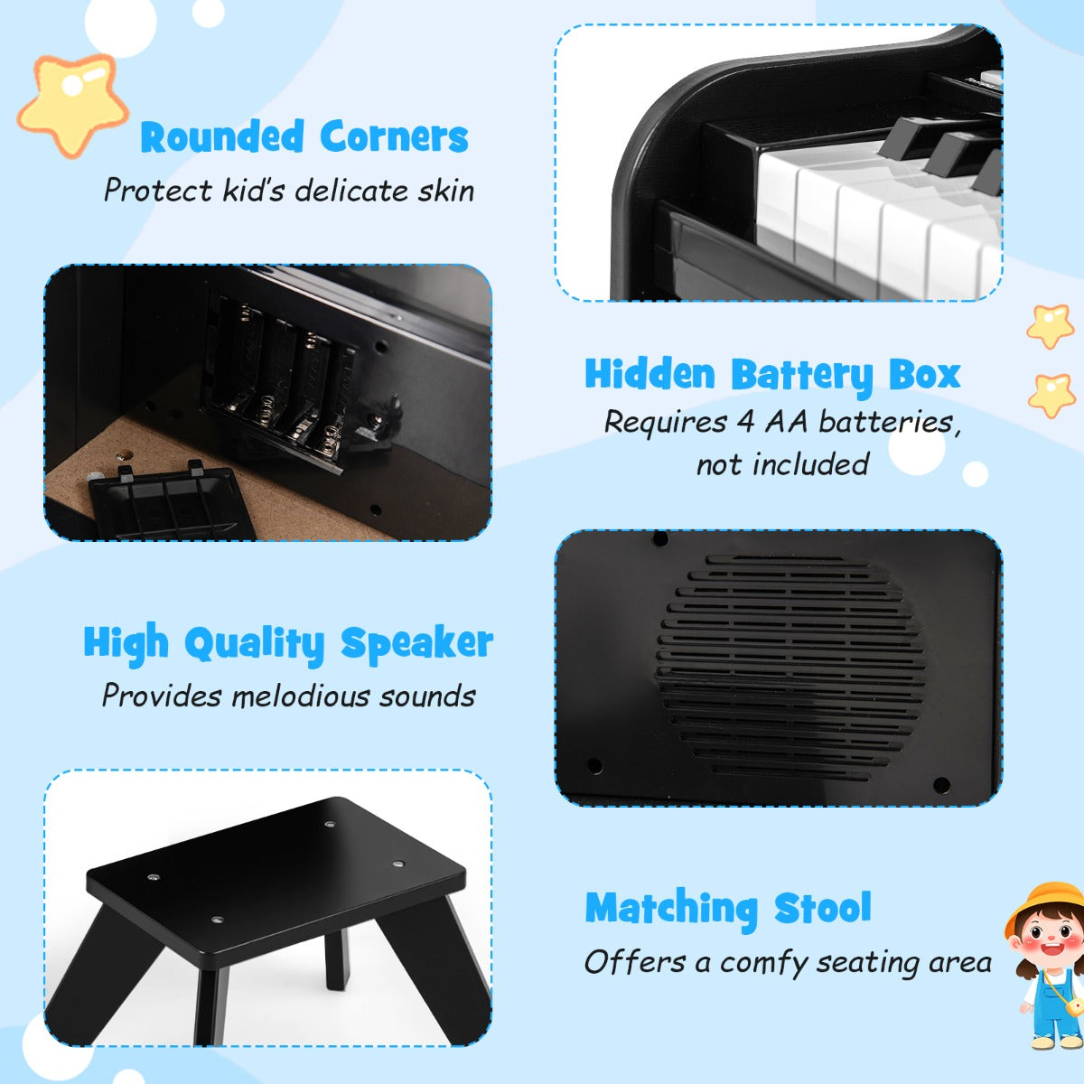 25 Keys Kids Piano Keyboard with Stool-Black