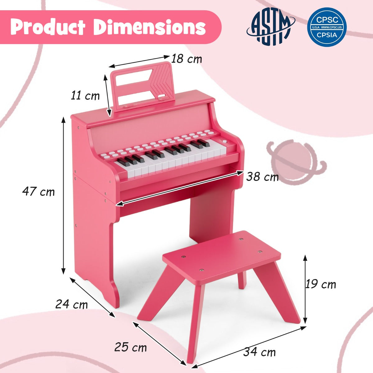 25 Keys Kids Piano Keyboard with Stool-Pink