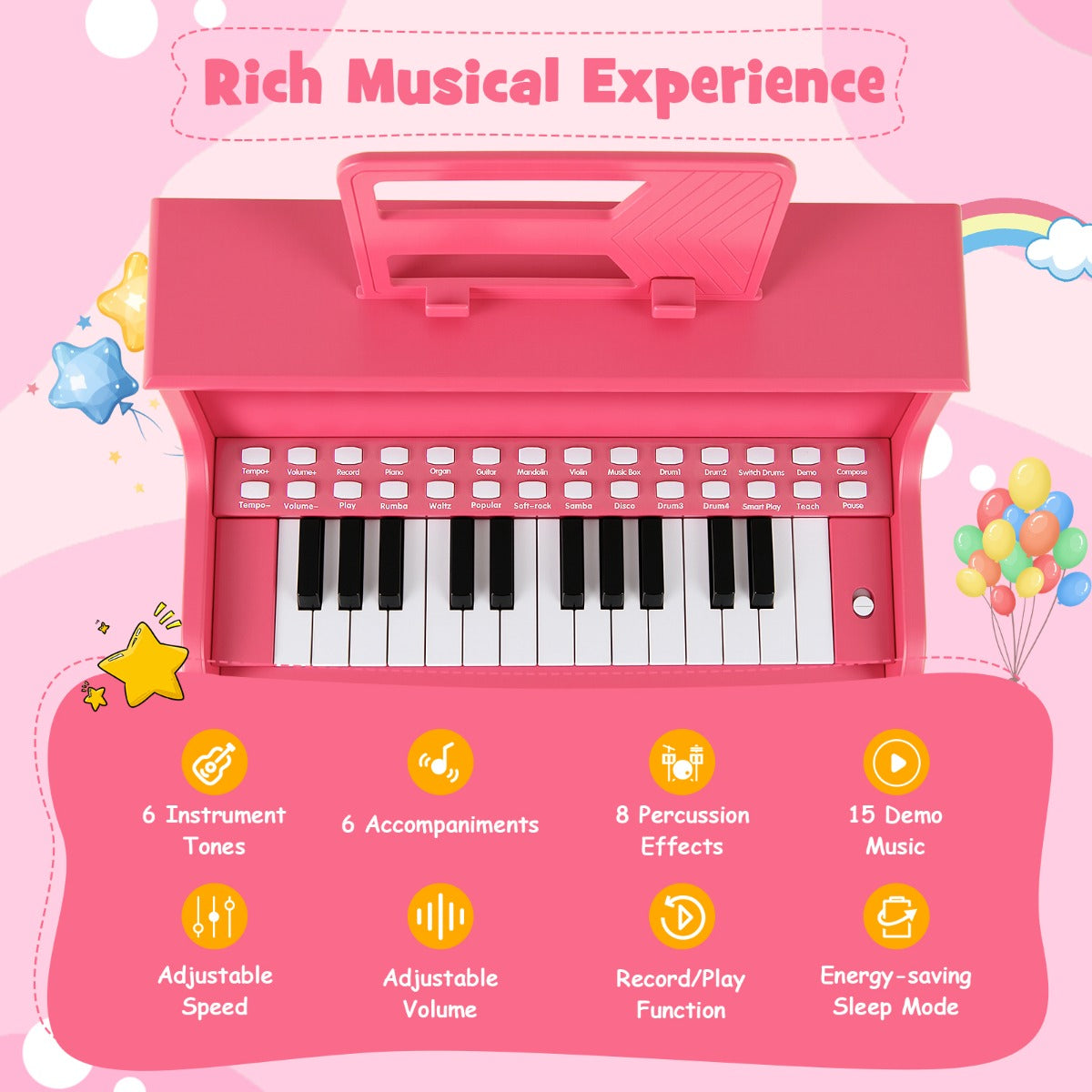 25 Keys Kids Piano Keyboard with Stool-Pink