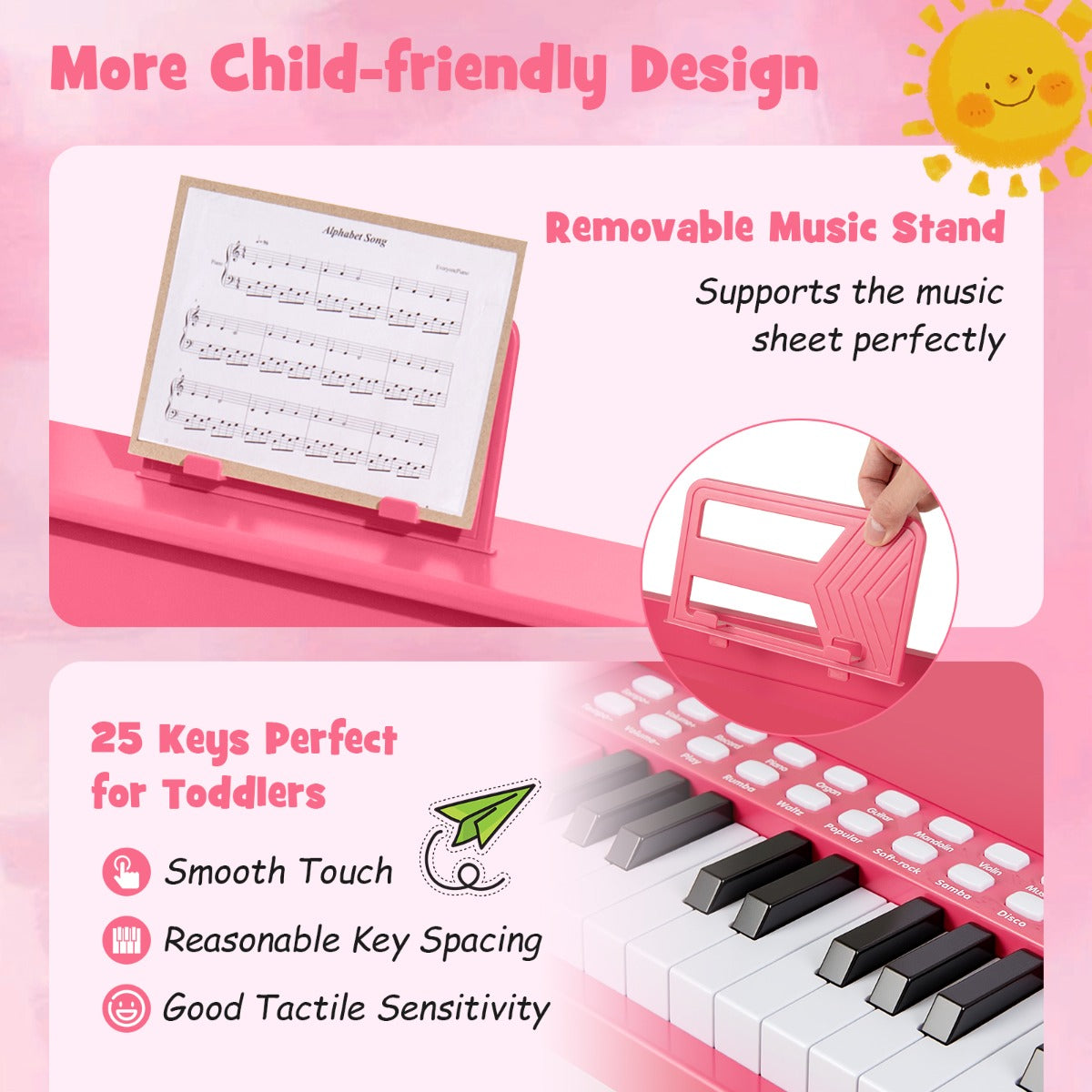 25 Keys Kids Piano Keyboard with Stool-Pink