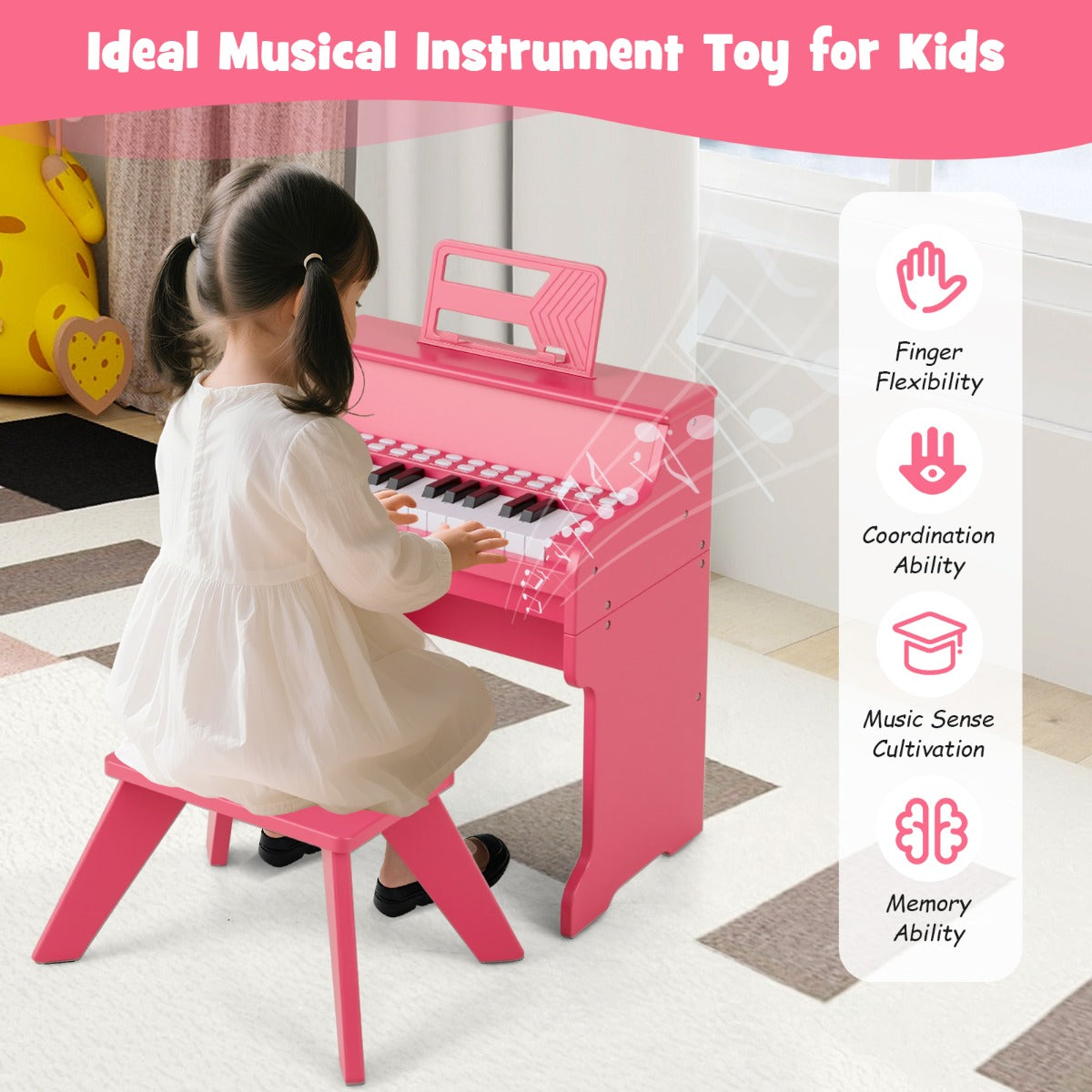 25 Keys Kids Piano Keyboard with Stool-Pink