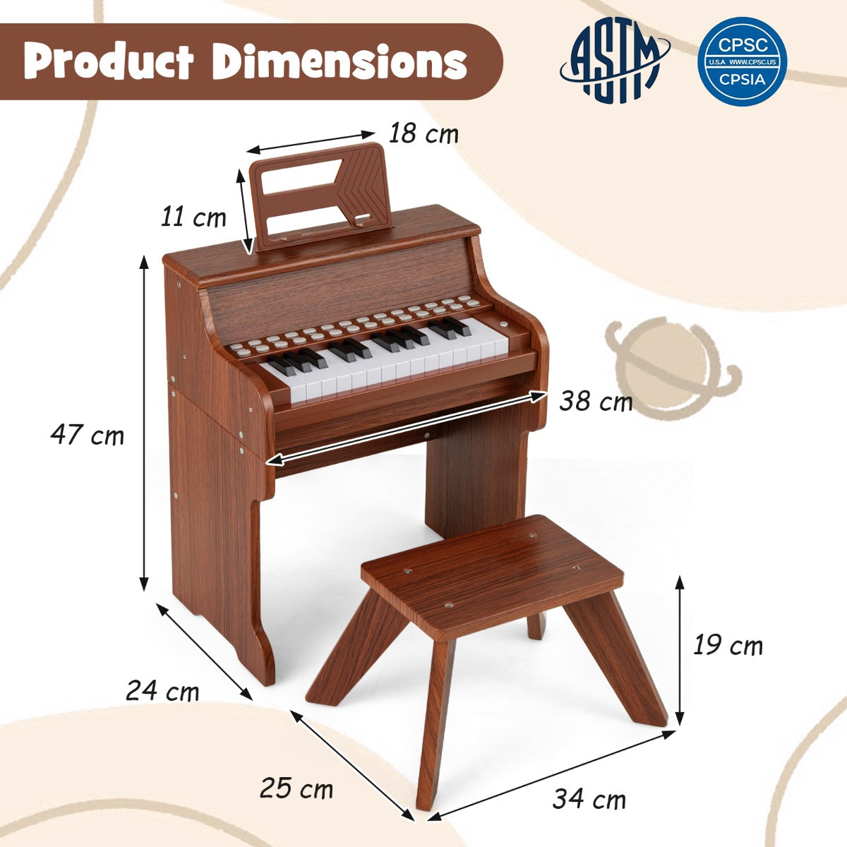 25 Keys Kids Piano Keyboard with Stool-Brown