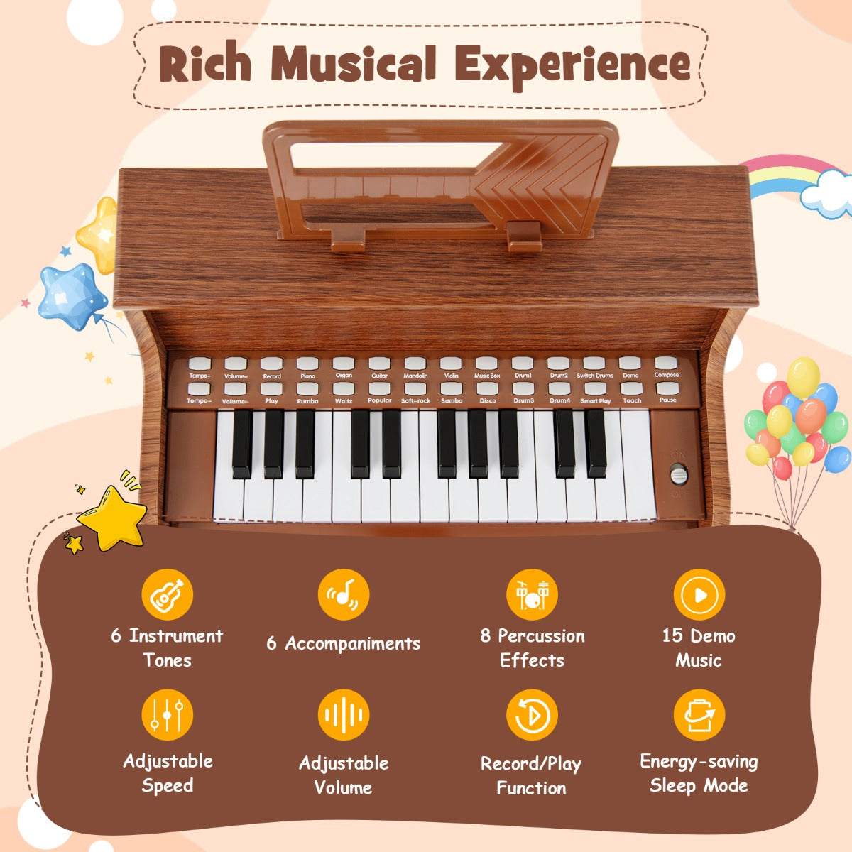 25 Keys Kids Piano Keyboard with Stool-Brown