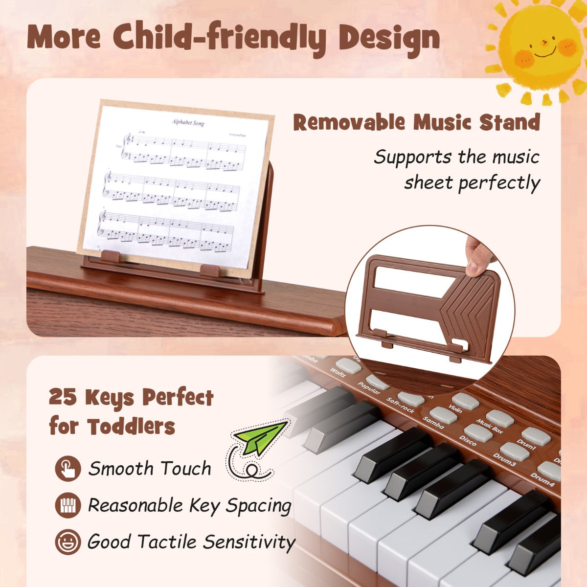 25 Keys Kids Piano Keyboard with Stool-Brown