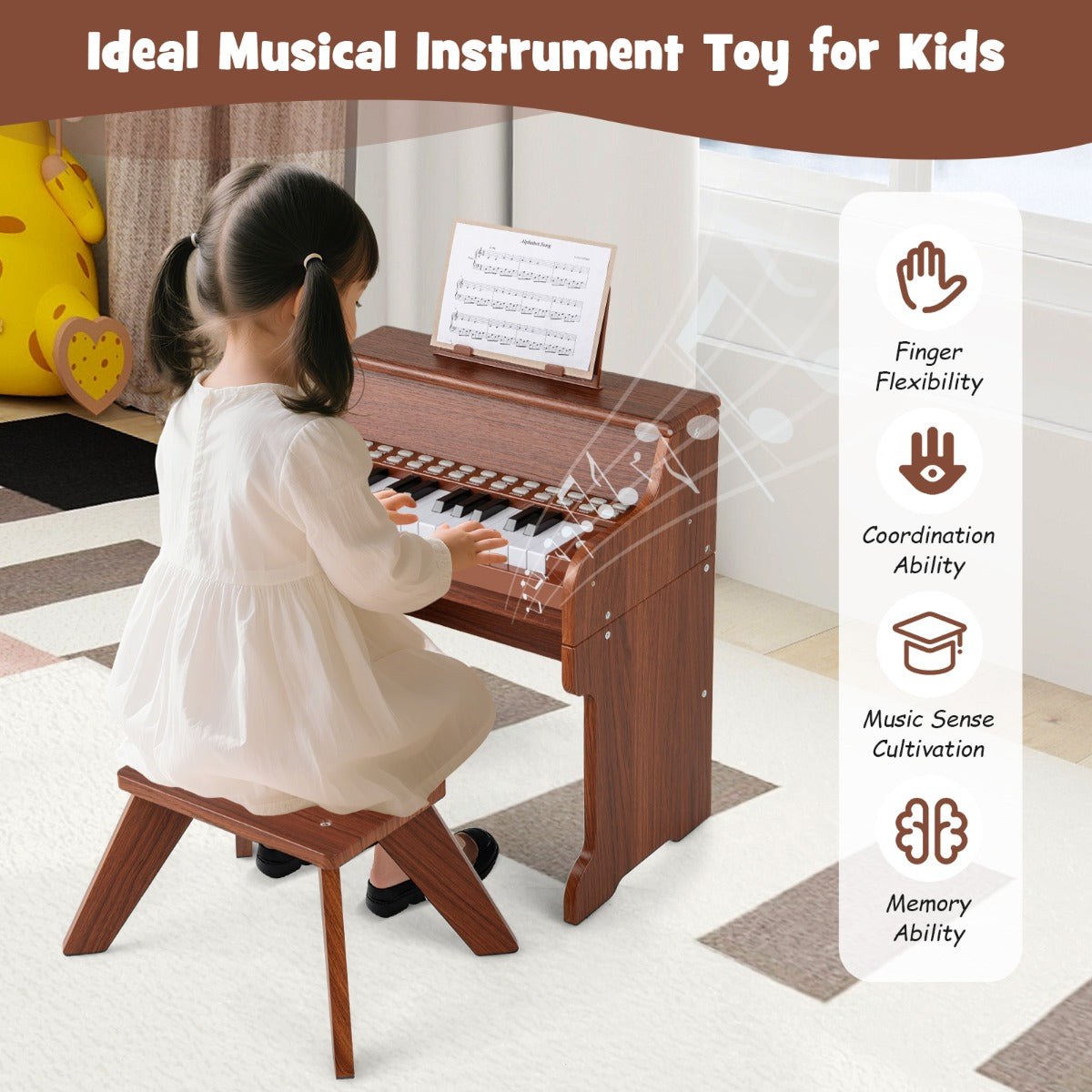 25 Keys Kids Piano Keyboard with Stool-Brown