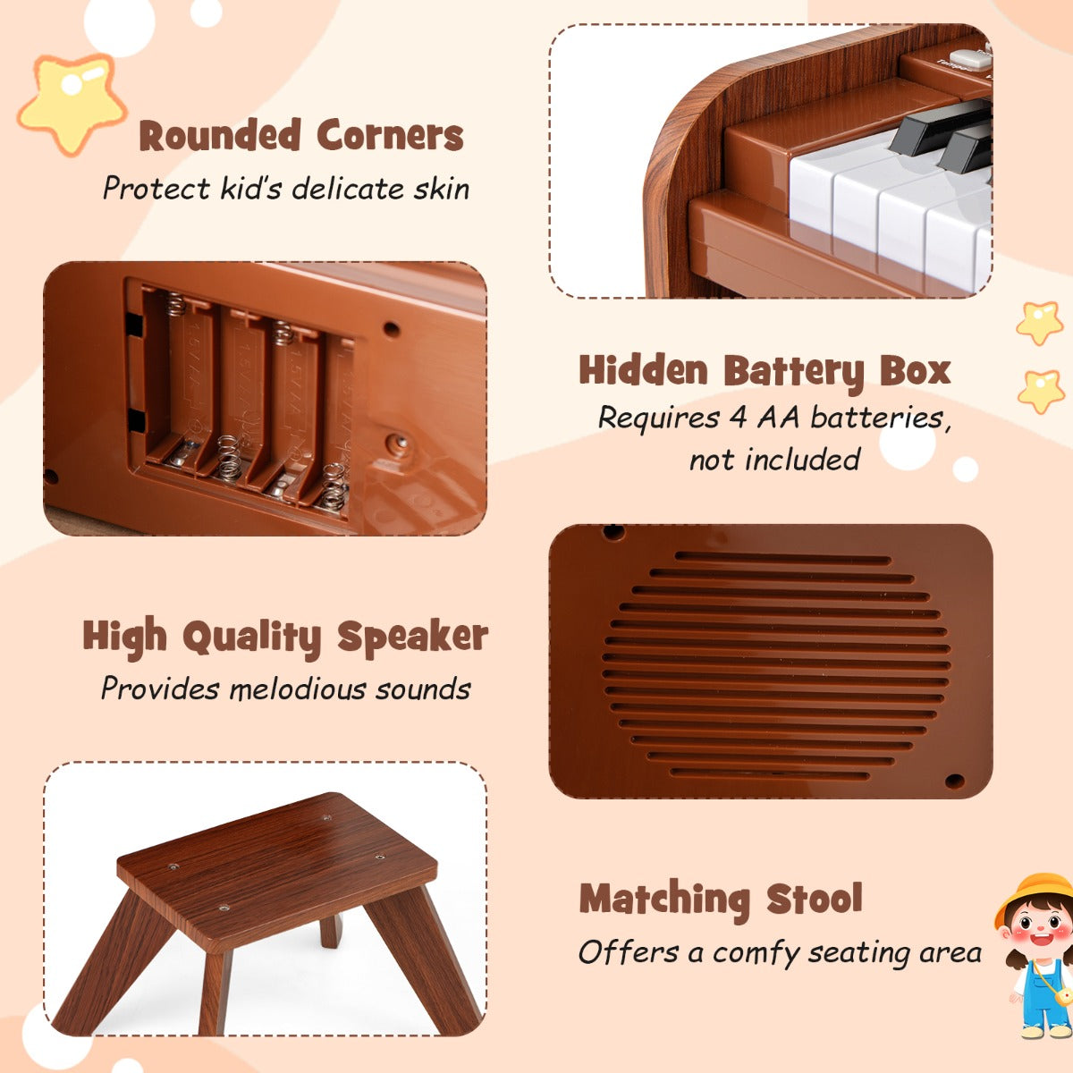 25 Keys Kids Piano Keyboard with Stool-Brown