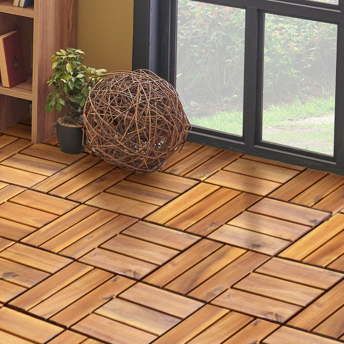 27 Pieces Acacia Wood Interlocking Patio Deck Tile Indoor Outdoor-Type A