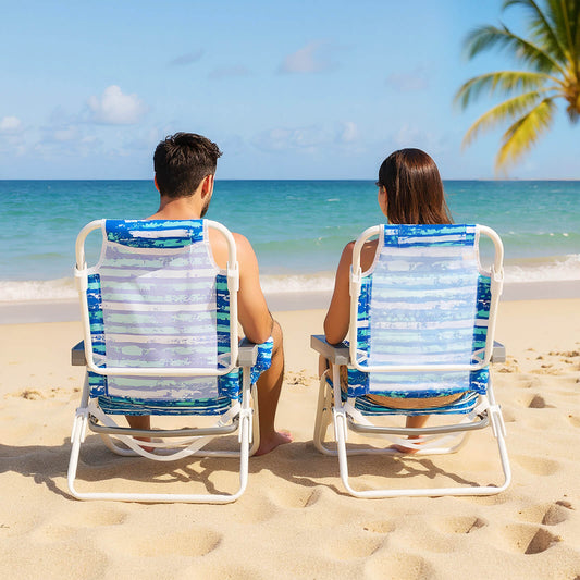 2 Pack Folding Beach Chair Adjustable with Head Pillow and Towel Bar-Blue