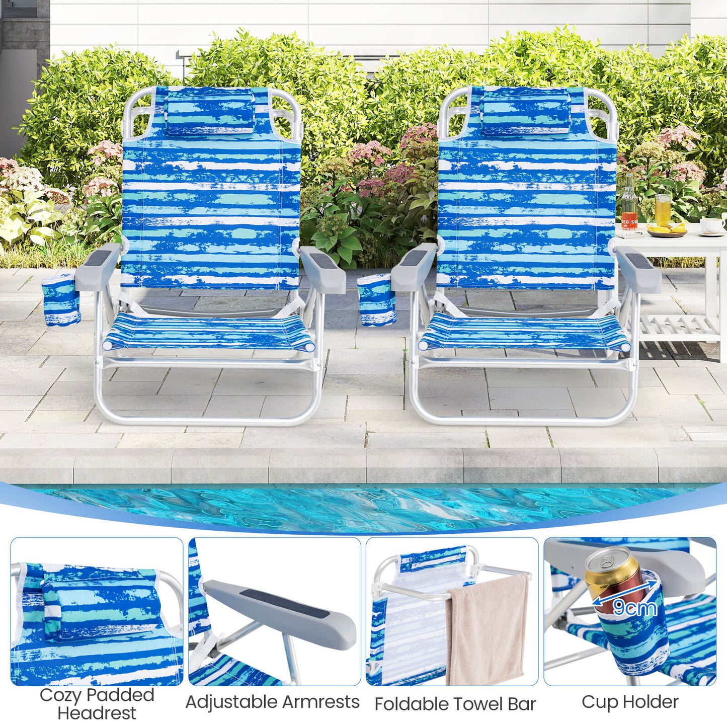 2 Pack Folding Beach Chair Adjustable with Head Pillow and Towel Bar-Blue