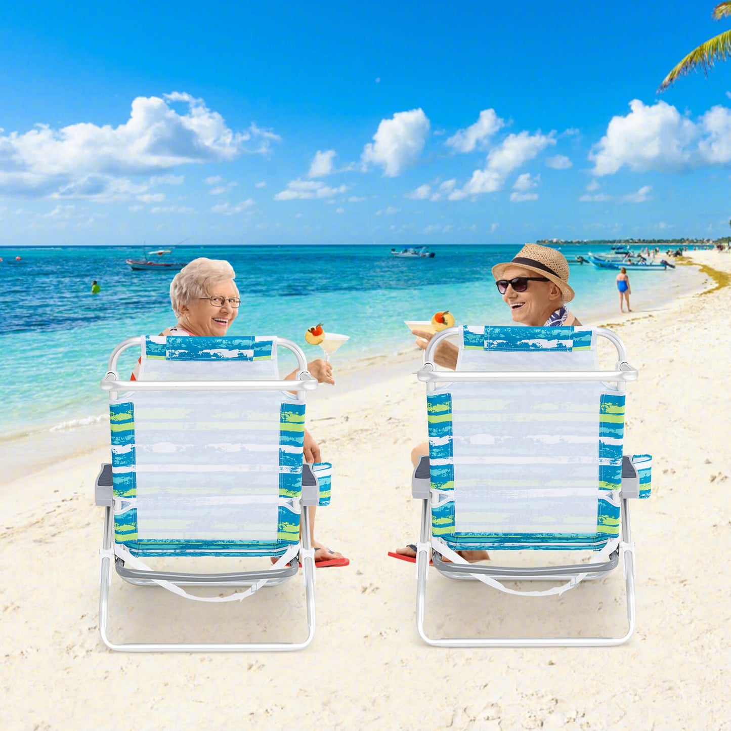 2 Pack Folding Beach Chair Adjustable with Head Pillow and Towel Bar-Green