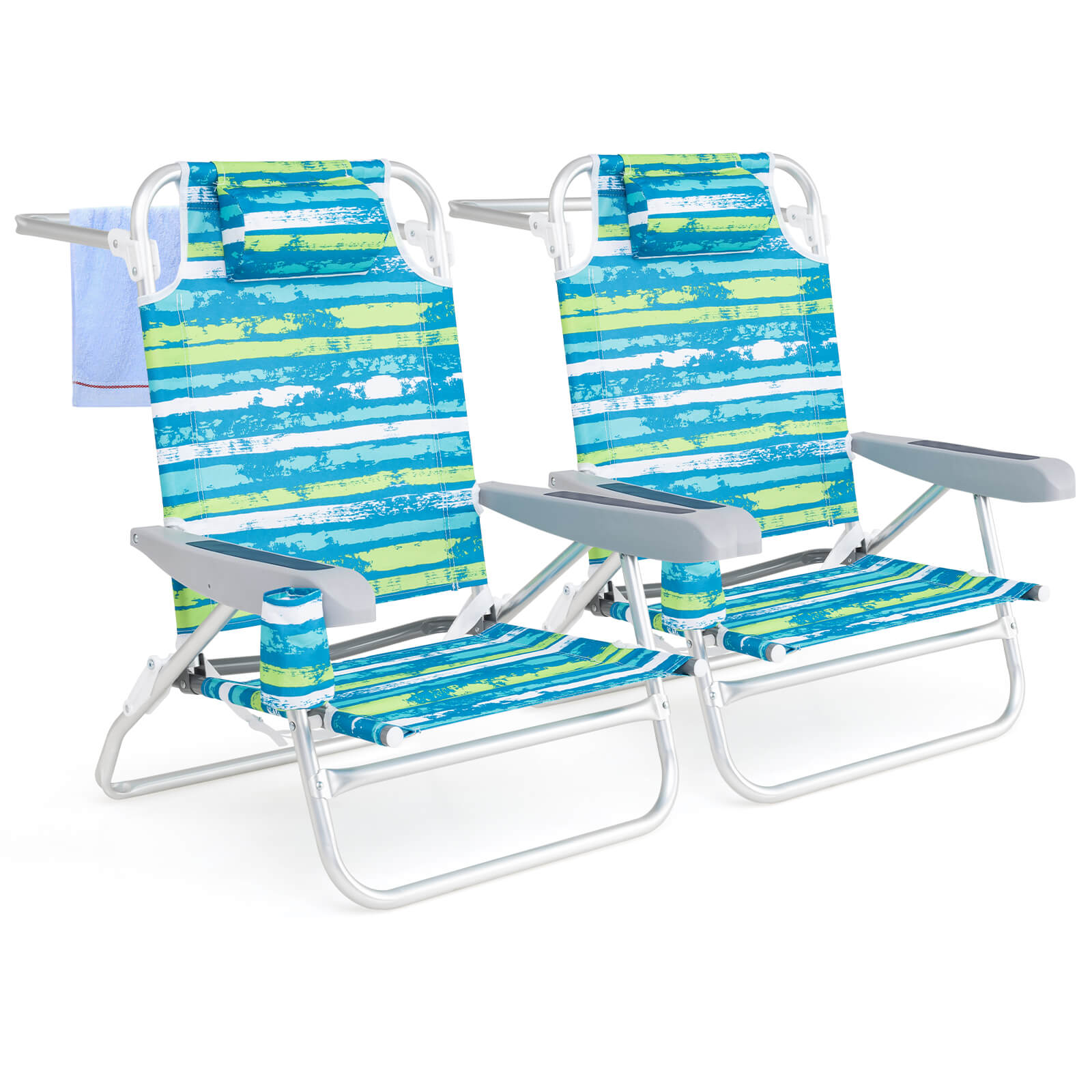2 Pack Folding Beach Chair Adjustable with Head Pillow and Towel Bar-Green