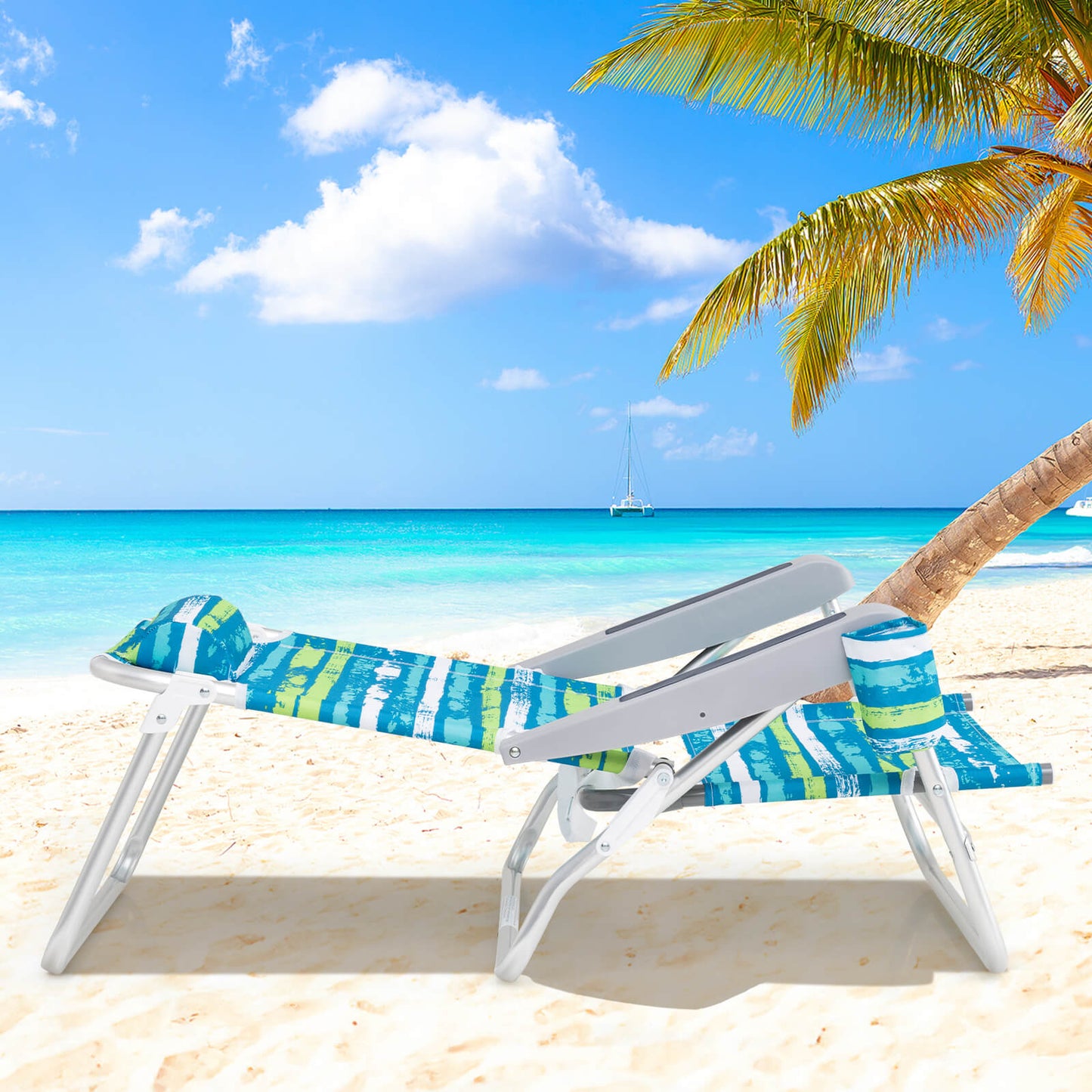 2 Pack Folding Beach Chair Adjustable with Head Pillow and Towel Bar-Green