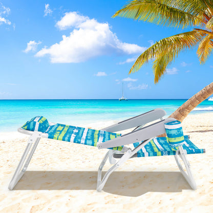 2 Pack Folding Beach Chair Adjustable with Head Pillow and Towel Bar-Green