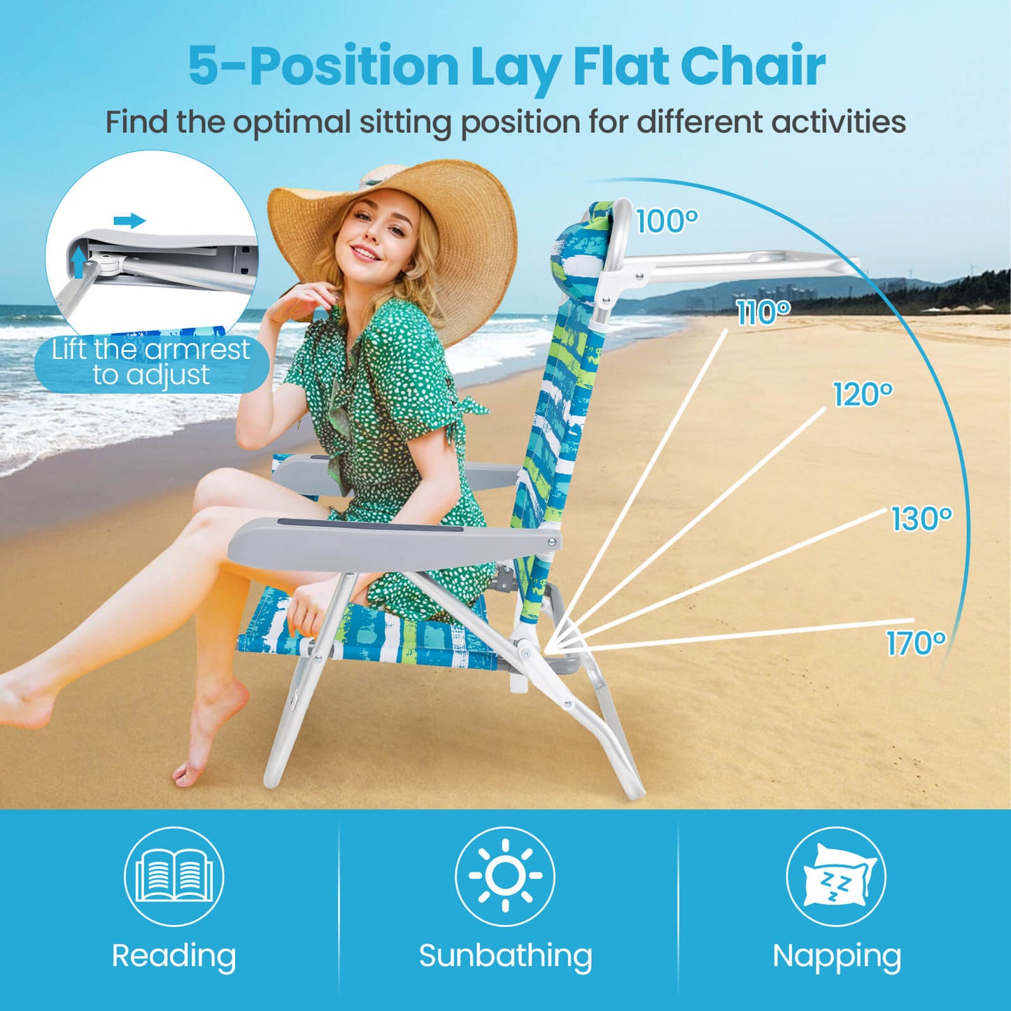 2 Pack Folding Beach Chair Adjustable with Head Pillow and Towel Bar-Green