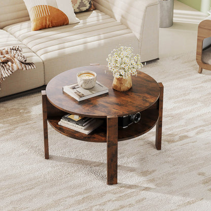 2-Tier Round Coffee Table with Storage Shelves with Faux Wooden Top-Rustic Brown