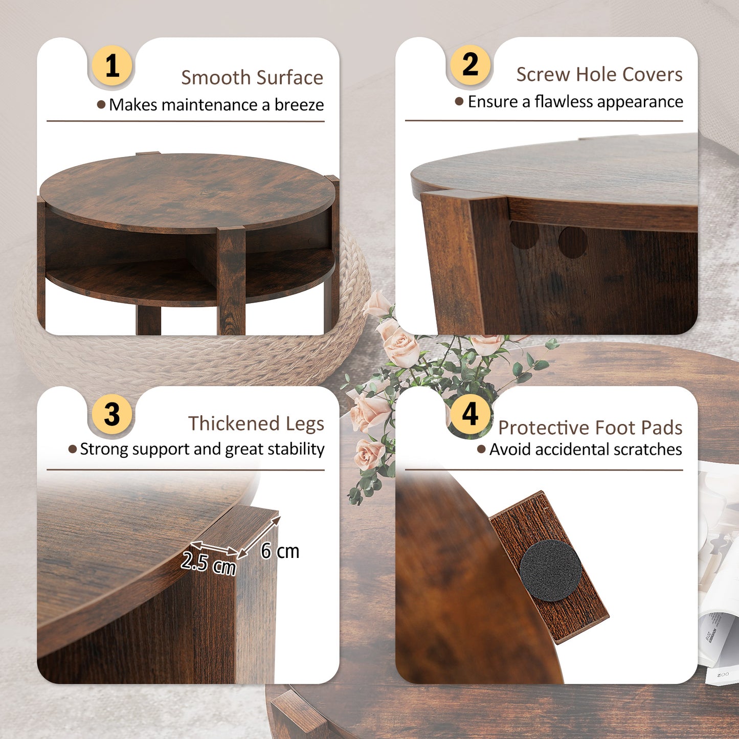 2-Tier Round Coffee Table with Storage Shelves with Faux Wooden Top-Rustic Brown