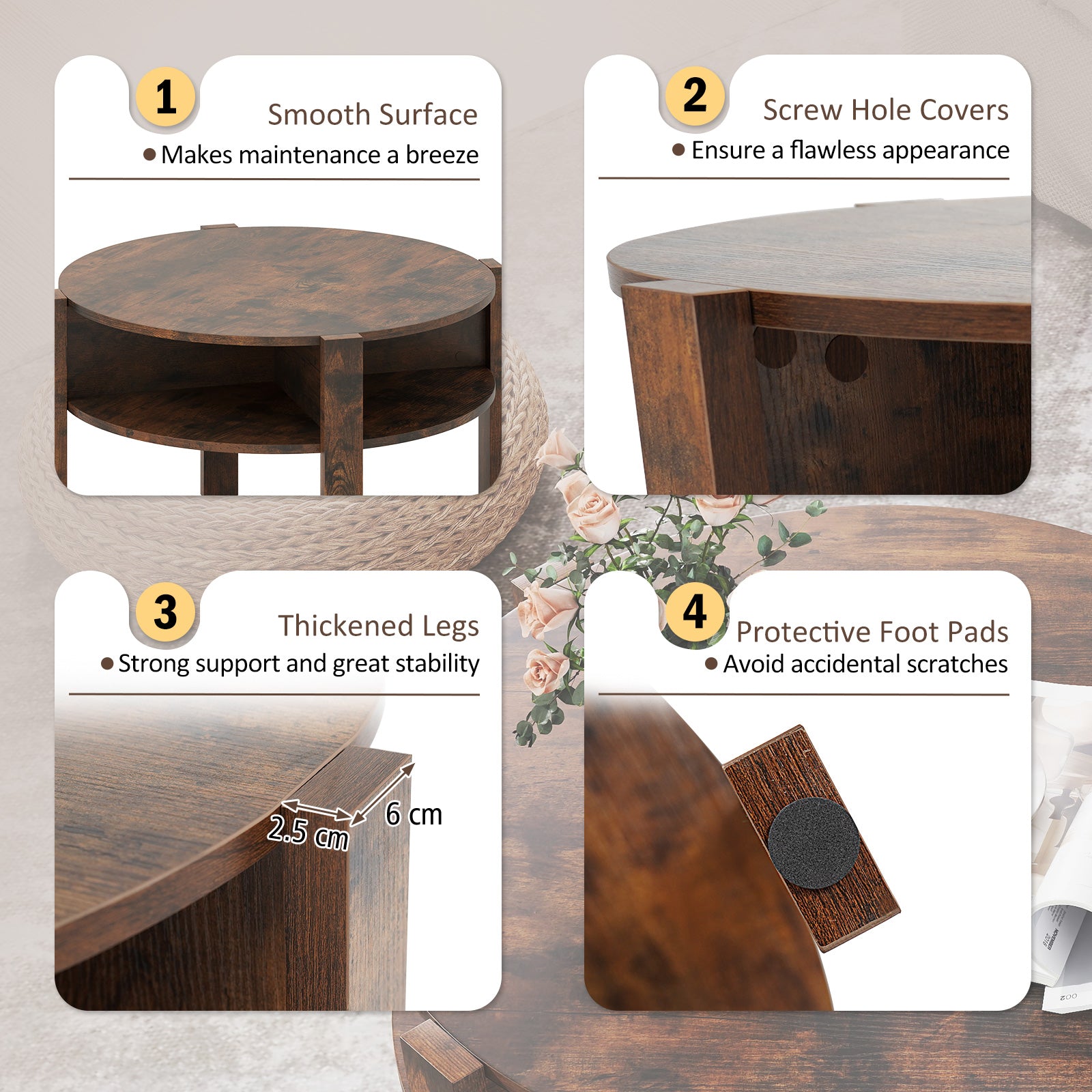 2-Tier Round Coffee Table with Storage Shelves with Faux Wooden Top-Rustic Brown