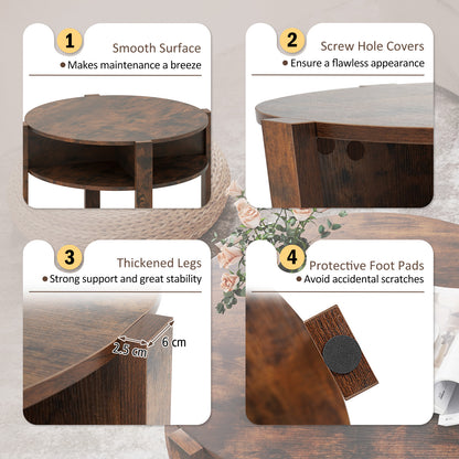 2-Tier Round Coffee Table with Storage Shelves with Faux Wooden Top-Rustic Brown