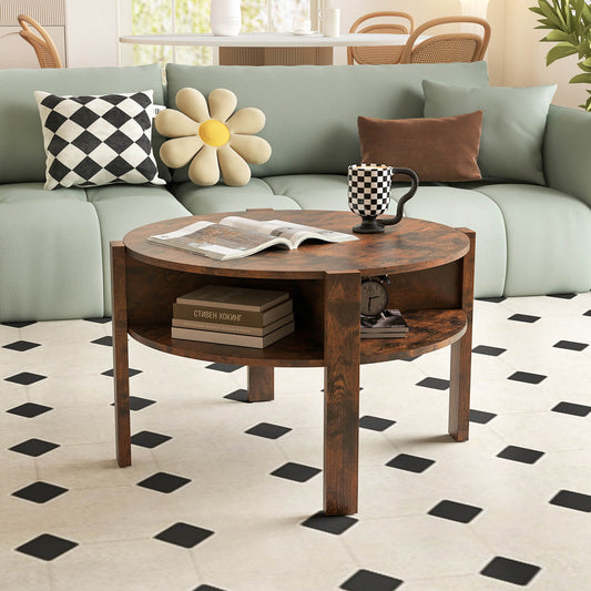 2-Tier Round Coffee Table with Storage Shelves with Faux Wooden Top-Rustic Brown