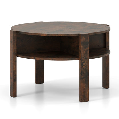 2-Tier Round Coffee Table with Storage Shelves with Faux Wooden Top-Rustic Brown