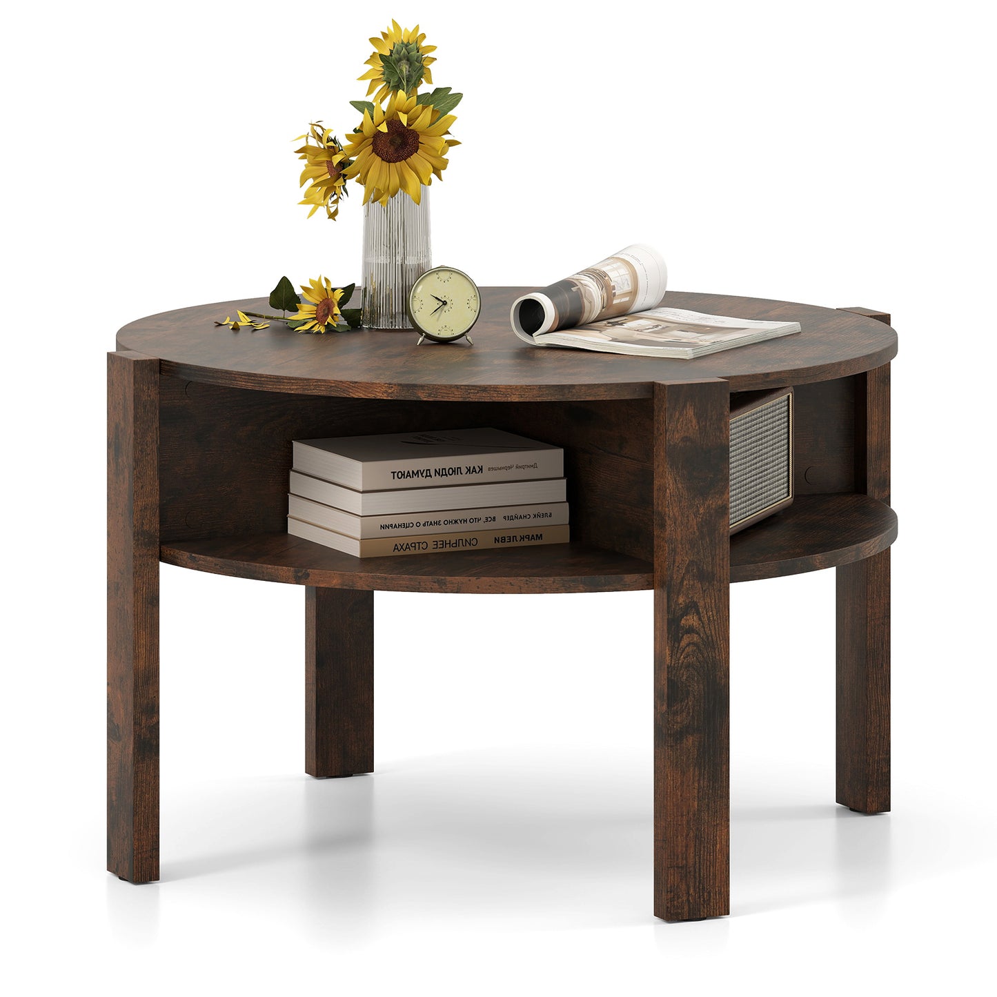 2-Tier Round Coffee Table with Storage Shelves with Faux Wooden Top-Rustic Brown