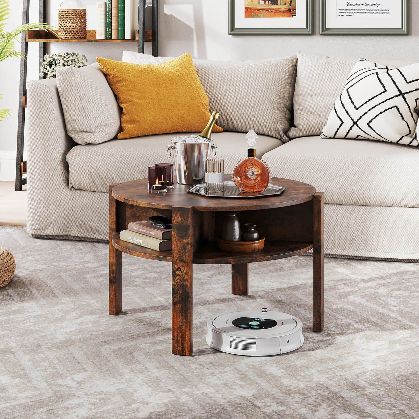 2-Tier Round Coffee Table with Storage Shelves with Faux Wooden Top-Rustic Brown