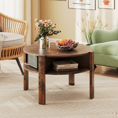 2-Tier Round Coffee Table with Storage Shelves with Faux Wooden Top-Rustic Brown