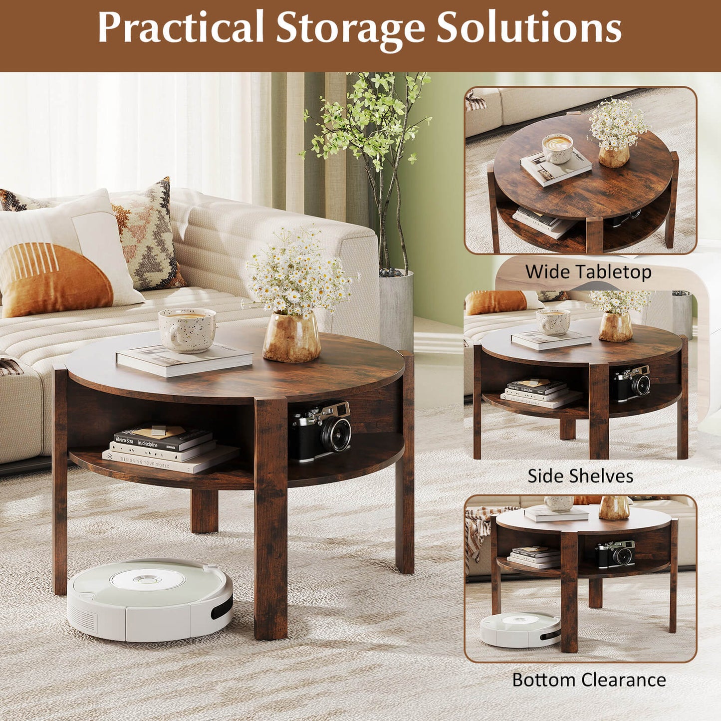2-Tier Round Coffee Table with Storage Shelves with Faux Wooden Top-Rustic Brown