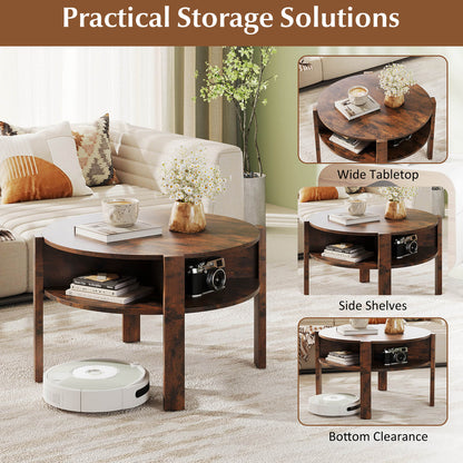 2-Tier Round Coffee Table with Storage Shelves with Faux Wooden Top-Rustic Brown