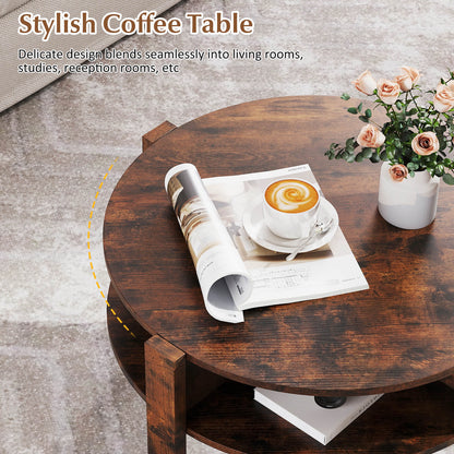 2-Tier Round Coffee Table with Storage Shelves with Faux Wooden Top-Rustic Brown