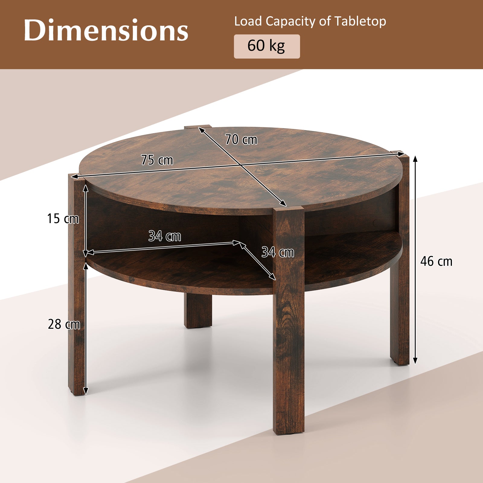 2-Tier Round Coffee Table with Storage Shelves with Faux Wooden Top-Rustic Brown