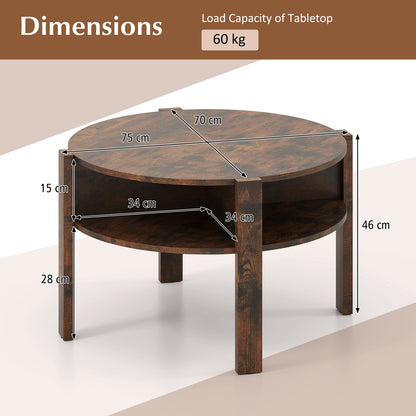 2-Tier Round Coffee Table with Storage Shelves with Faux Wooden Top-Rustic Brown