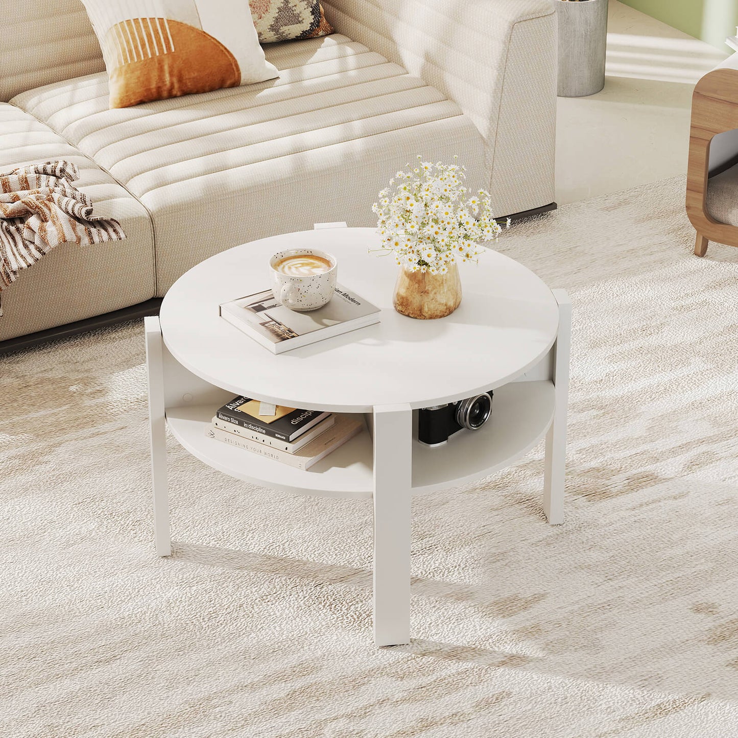 2-Tier Round Coffee Table with Storage Shelves with Faux Wooden Top-White