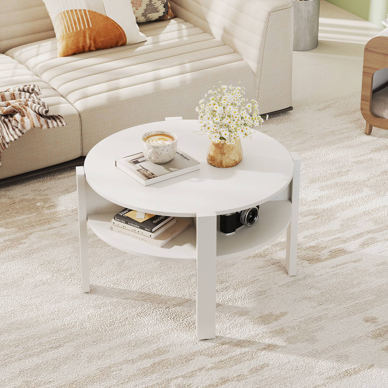 2-Tier Round Coffee Table with Storage Shelves with Faux Wooden Top-White